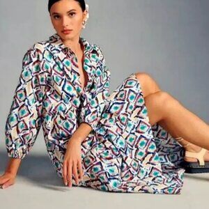 Maeve Bettina Tiered Shirt Dress Medium Anthropologie Geometric Ikat Pattern